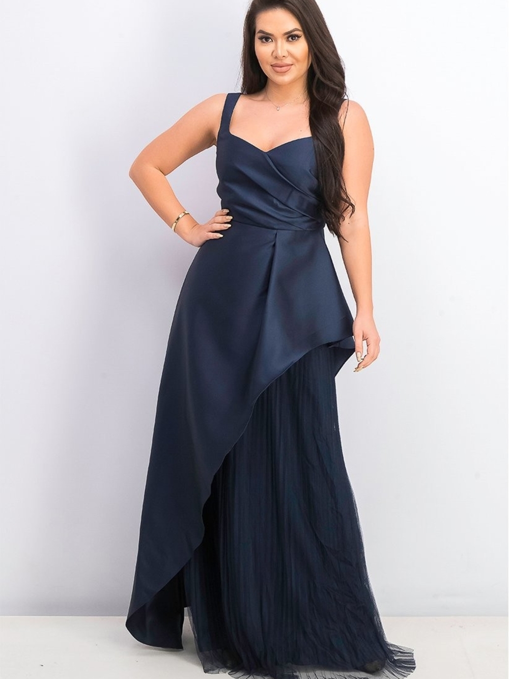 Adrianna Papell Navy Asymmetrical Pleated Formal Maxi Gown NWT